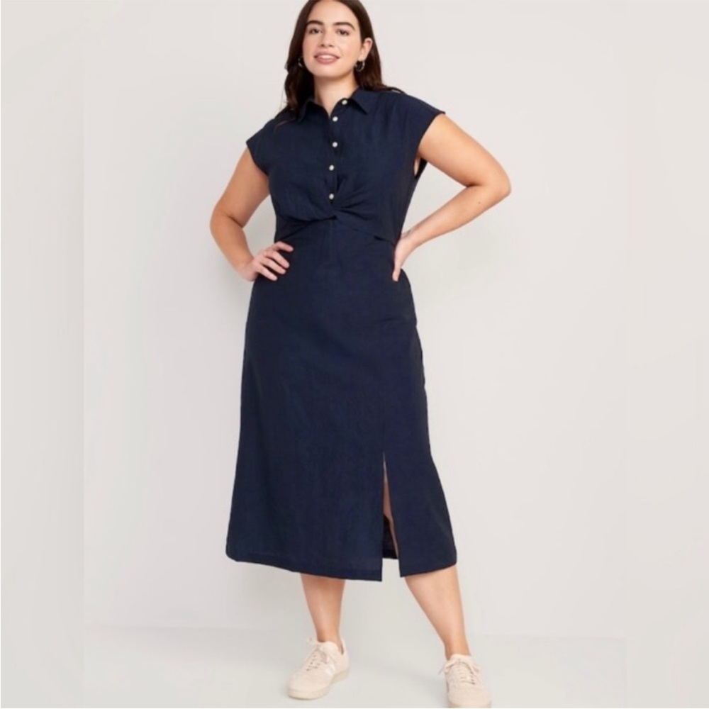 Navy Blue Waist-Defined Twist-Front Midi Shirt Dress - XL NWOT